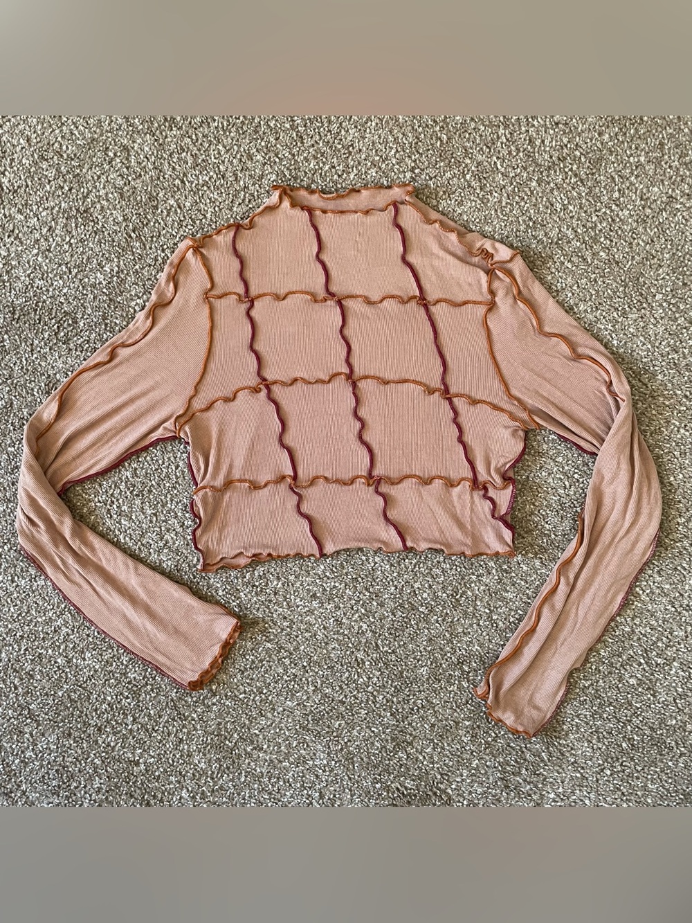 Women's Beige Knit Cropped Mock Neck Long Sleeve Pullover Top Ruffle M